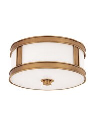 Patterson 13 inch Flush Ceiling Fixture In Aged Brass.